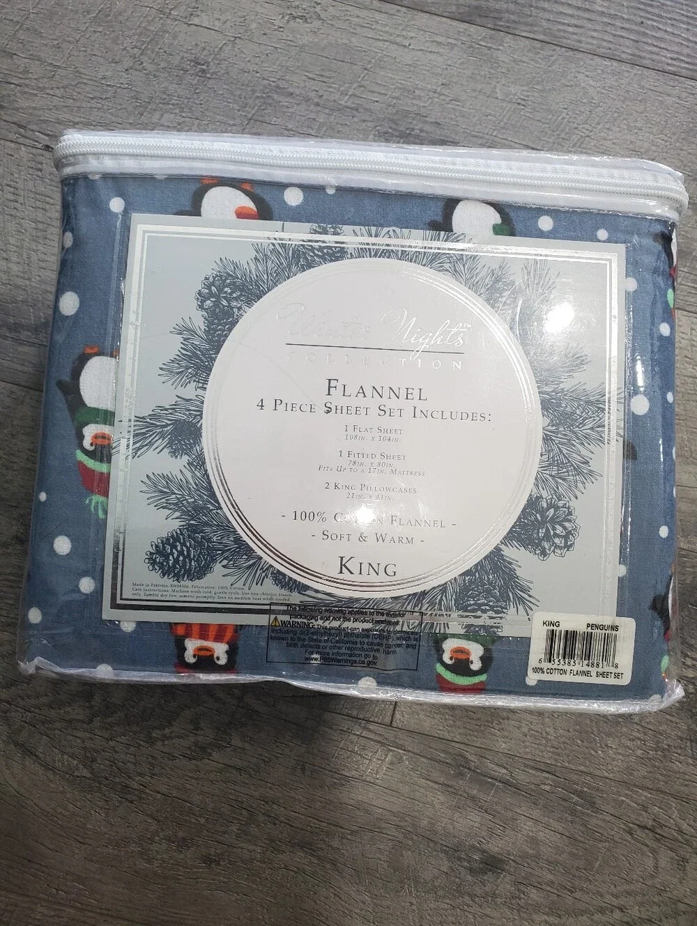 Winter Nights Pengin Flannel King Sheets